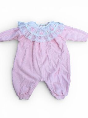 b.t. kids Pink Heirloom Knit Romper 3-6M Lace Collar Smocked Baby Bubble Outfit